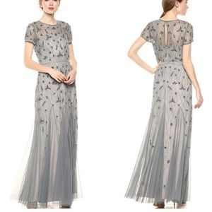 Adrianna Papell Long Beaded Tulle Blouson Style Dress in Pewter size 8